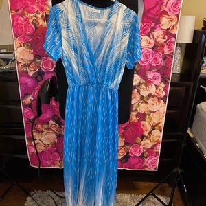 Blue and white maxi dress with metallic gold detail